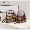 IELGY Autumn Winter Fashion Plaid Bag Woolen Plaid Contrast Color Small Square Bag High-End Messenger Shoulder Bag