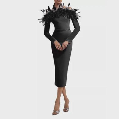 Introducing the Latest One-Shoulder Feather Bandage Evening Dress - Celebrity Style!