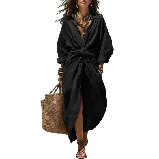 Maxi Shirt Dress for Women, V Neck Long Sleeve Ruffled Tie Waist Boho Long Dress, High Slit A-line Loose Flowy Dress with Pockets