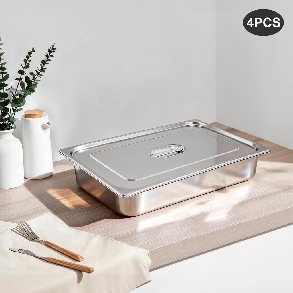 4-Pack 201 Stainless Steel Steam Table Pans with Lids, 2.38 Gal Food Pans 21 Inch Hotel Pan for Catering, Buffet, Restaurant & Home Kitchen