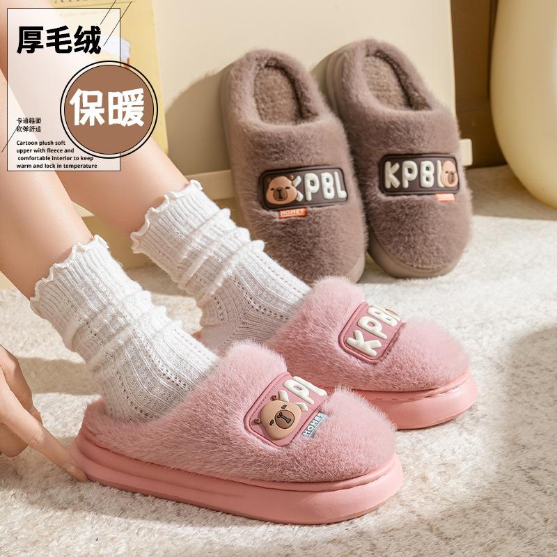 Cartoon embroidered lightweight wool slippers autumn and winter dormitory hotel warm and velvet thick-soled couple cotton slippers
