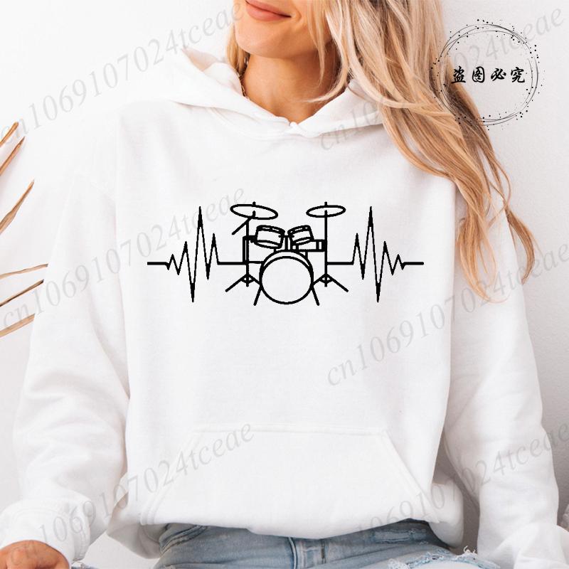 Autumn Fleece Hoodie Drum Heartbeat Print Hooded Drummer Fashion Sweatshirt Long Sleeve Top Drumming Music Musician Band Hoodies