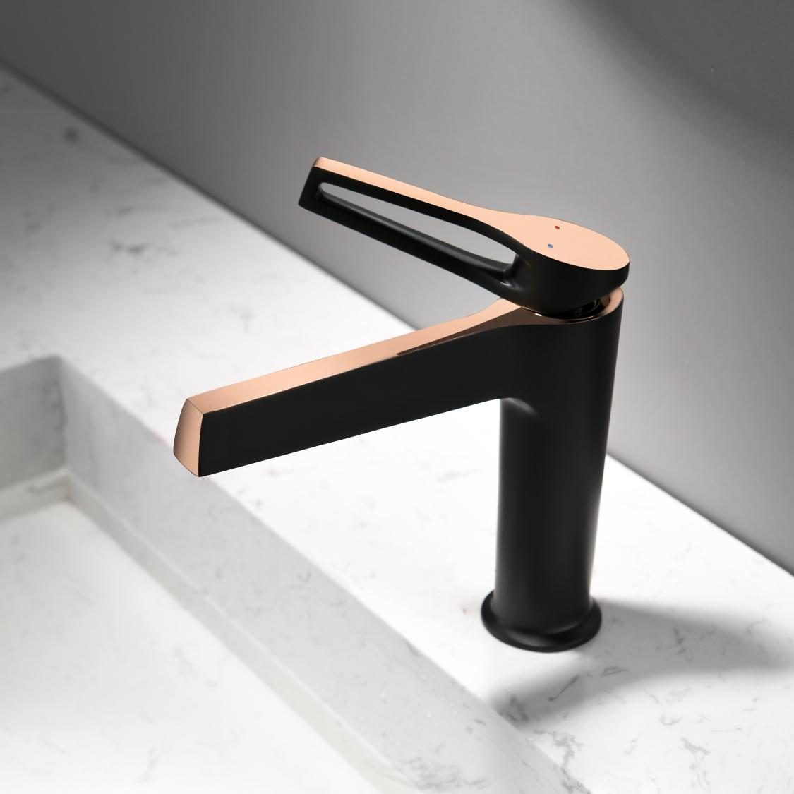 

Bathroom Undermount Basin Faucet Waterfall Spout,Cold and Hot Mixer, Hollow-Out Handle,tap Black and Roes Gold 187mm