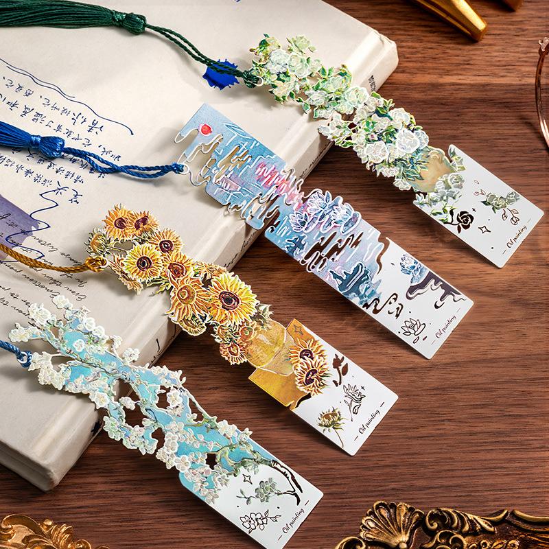 1PC Flower Oil Painting Metal Bookmark Retro Famous Painting Hollow Bookmark With Tassels Student Reading Stationery Gifts