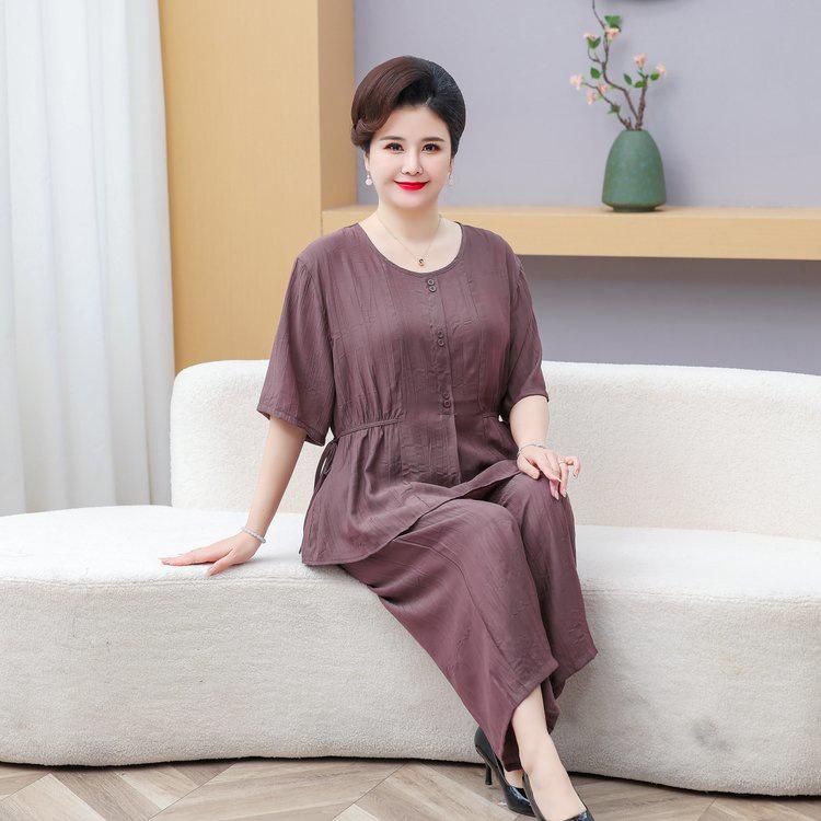 Fat Mama Retro Chinese Style Short Sleeve T-shirt & Wide Leg Pants Plus Size Set for Middle-Aged and Elderly Women