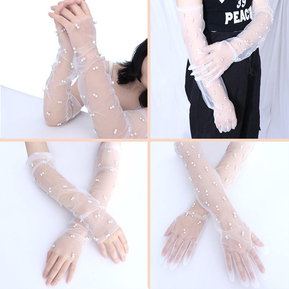 Marriage Party Chiffon Pearl Full Finger Gloves Wedding Accessories Fingerless Gloves Bridal Gloves