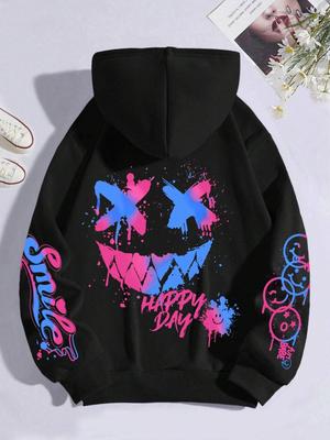Happy Day Grafitti Print Damska Bluza z Kapturem Street Hip Hop Hoody Modna z Okrągłym Dekoltem Wszechstronne Bluzy z Kapturem Vintage Oversize Ubrania Damskie