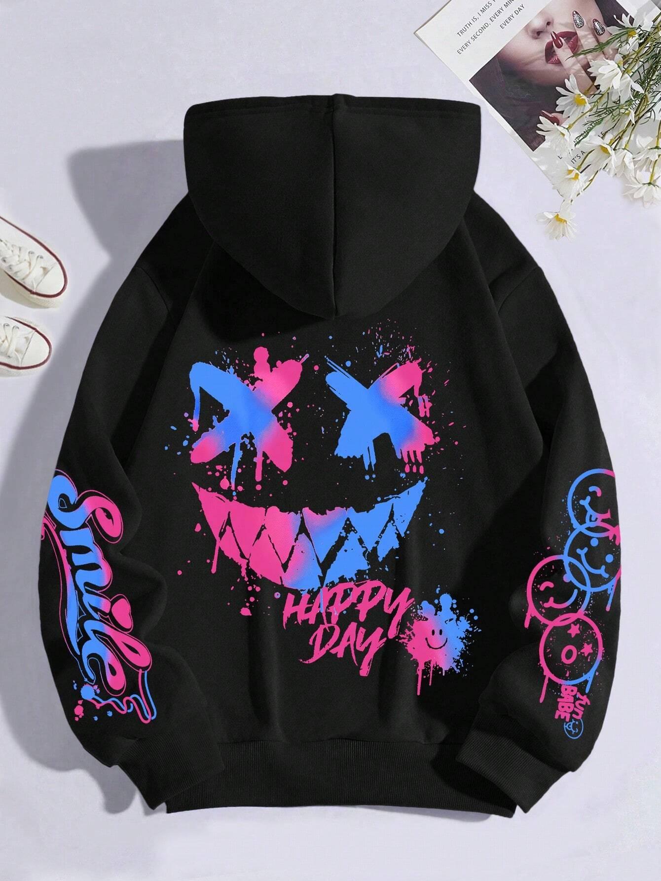 

Happy Day Graffiti Print Women Hoodie Street Hip Hop Hoody Fashion Crewneck Versatile Hoodies Vintage Oversize Clothes Female 2XL