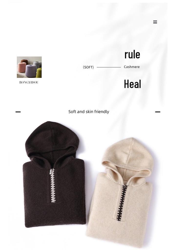French Women's Cashmere Blend Half-Zip Hooded Loose Sweater