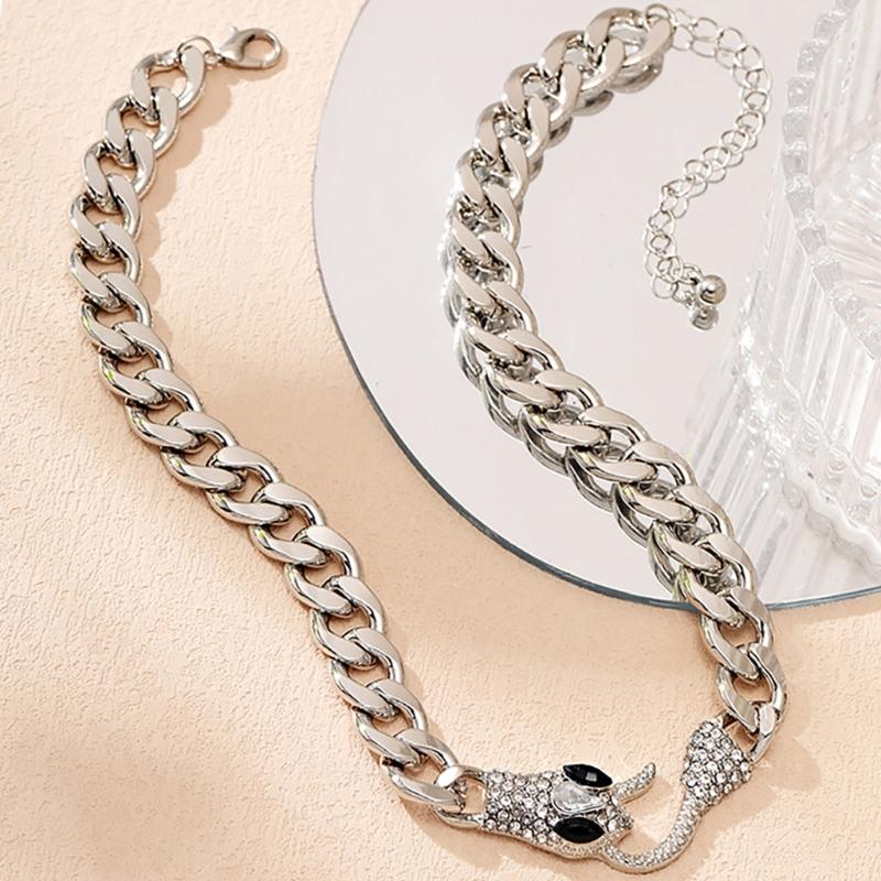 Snake Choker Necklace Black Silver Zircon Cuban Link Chain Accessory for Men and Women Cool Vikinged Goth Styles