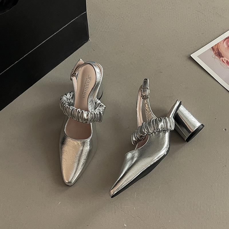 

Pointed high-heeled single shoes femininity French word belt summer fashion commuting thick heel heightening bag head Roman sandals 40 серебряный