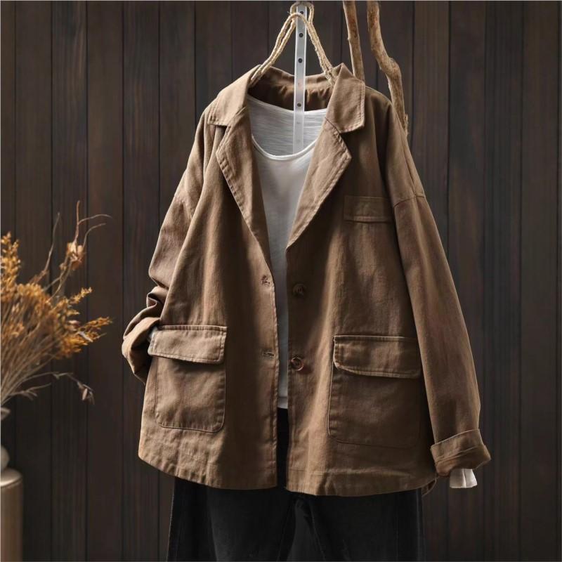 Johnature Women Vintage Jackets Solid Color Turn-down Collar Coats Autumn Button Pockets Loose Female Jackets