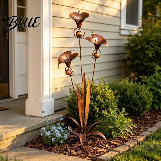 Planter Decoration Stake Triple Bluebells Garden Stake Metal Flower with Bell Calla Lilies Yard Art Sculpture Rustic Handmade Ornament for Outdoor
