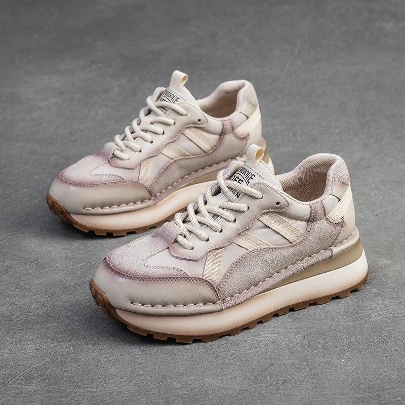 Johnature Genuine Leather Sneakers Casual Sports Shoes Round Toe Lacd-up Retro Versatile Women's Flat Shoes