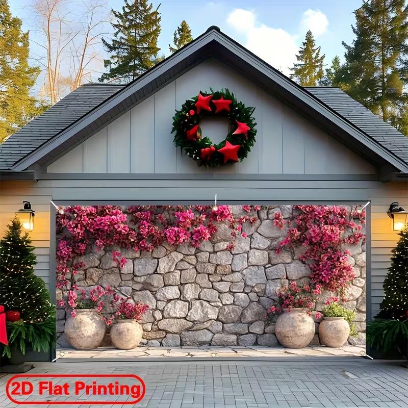 2D Blooming Bougainvillea Stone Wall Backdrop, 2D Flat Printing Background Cloth for Outdoor Events & Parties