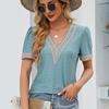 Casual Elegant Lace Shirts Fashion Summer Short Sleeve T-shirt Woman Tops Hollow V-neck Blouse Women Solid Color Blusas 25814