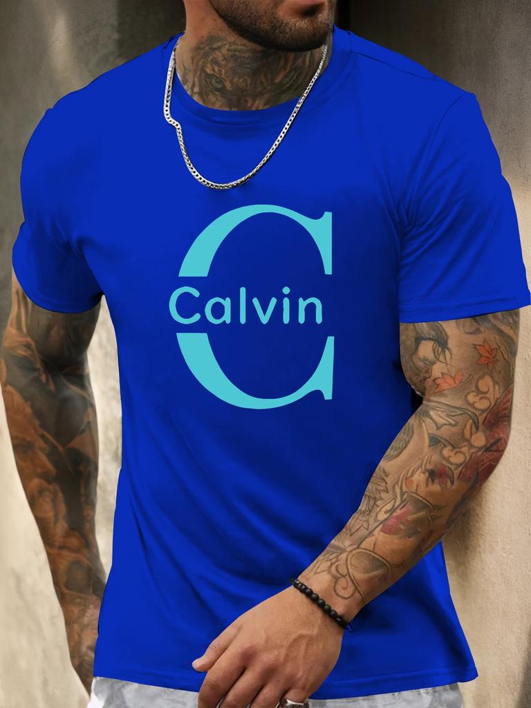 Camiseta de Manga Curta Calvin Masculina 100% Algodão Estampa Colorida Verão Gola Redonda Respirável Casual Moda Camiseta Legal