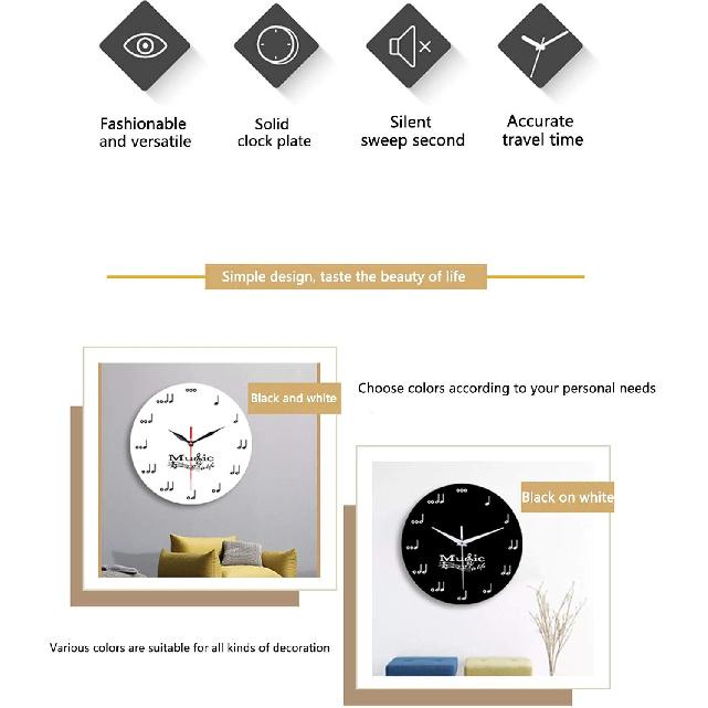 Creative Wall Clocks Musical Note Silent Clock Black / White Decorative Wall Clock for Kids Adult Students Room Home Office School Decor (1#Black