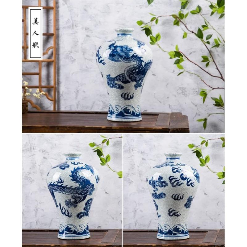 31cm Jingdezhen Ceramic Vase Imitation Official Kiln Crack Glazed Dragon Pattern Vase Flower Arrangement Chinese Home Living Roo