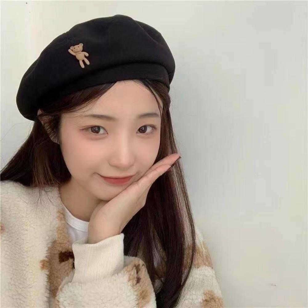 Solid Color Woolen Newsboy Hat Little Bear Beret Hat Retro Cloud Painter Cap  Women Girl