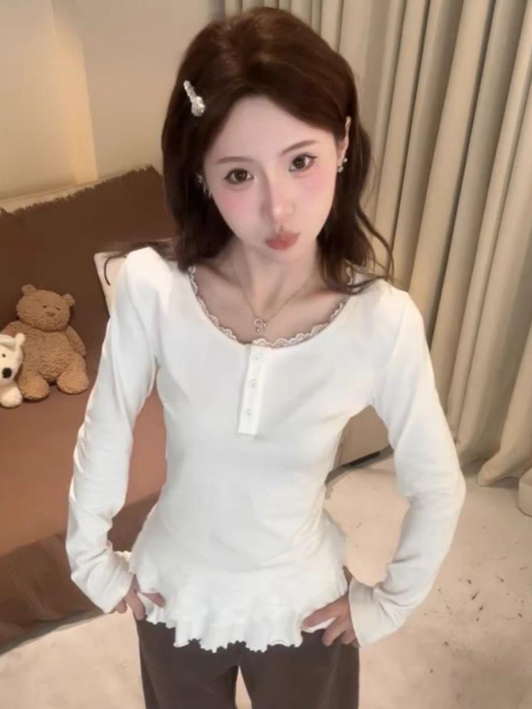 260g Cotton Modal Korean Lace Trim Slimming Round Neck Outerwear Top