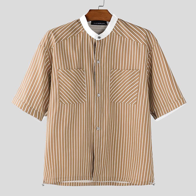 

INCERUN Men Collarless Short Sleeve Stitching Striped Casual Shirts Tops 5XL белый