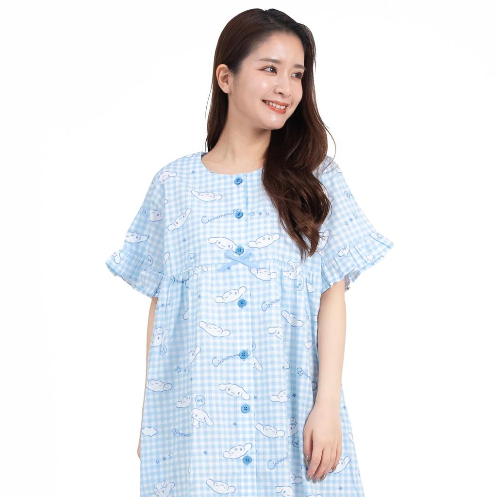 SAZAC Cinnamoroll Cotton Gingham Cinnamoroll Dress/Nightgown, 100% Broadcloth, Women's, Button-Front Loungewear, (Sax/M-L/SAN1781)