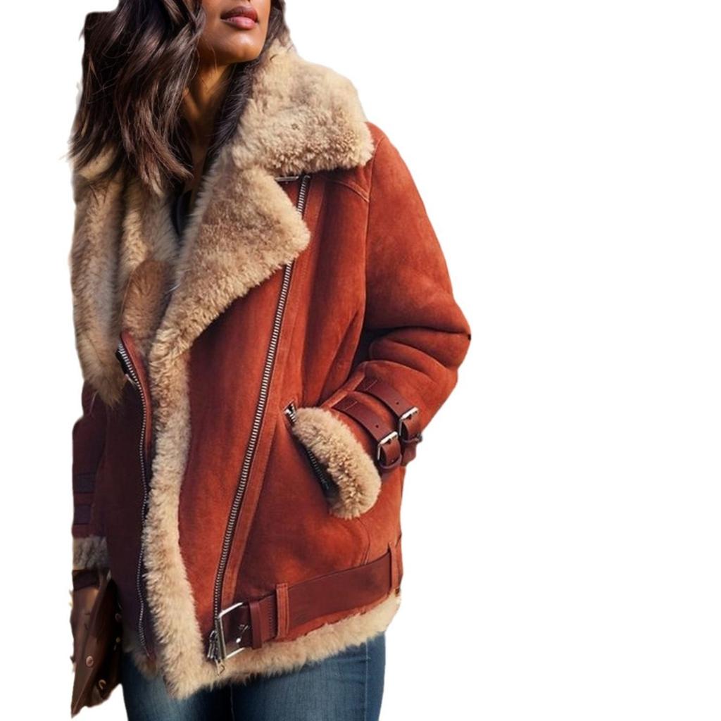 2025 Herbst Winter Damen Wildlederimitat Lammwollmantel Mode Revers Fleece Warm Oberbekleidung