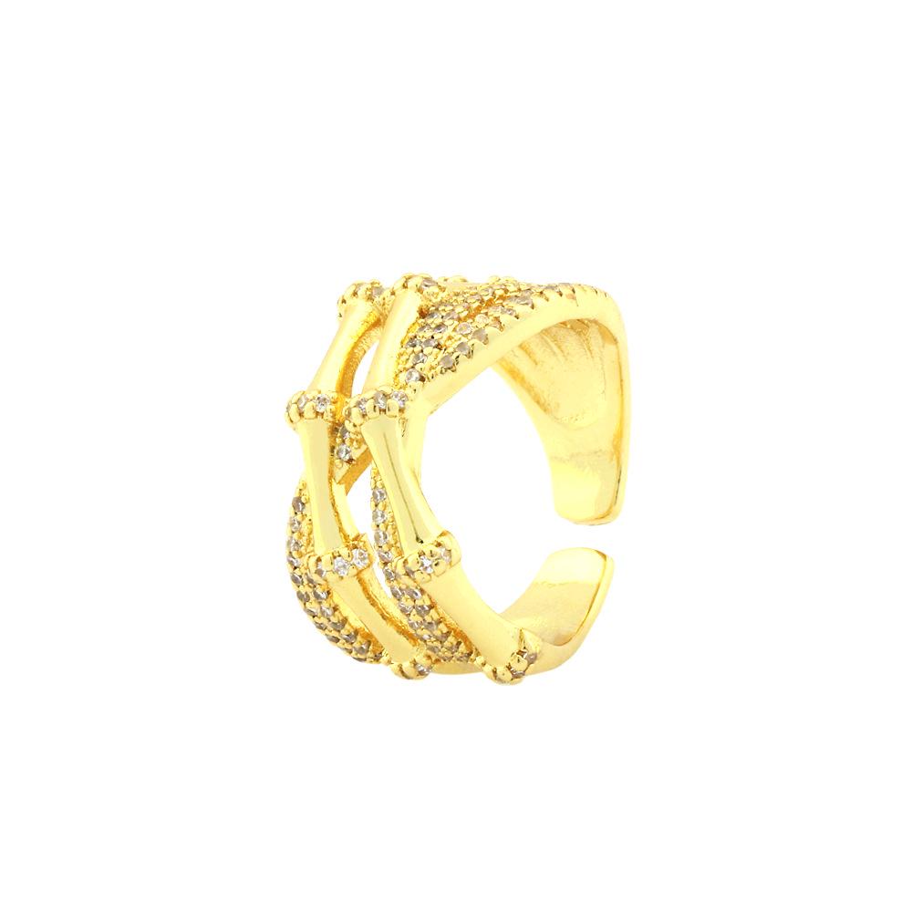 18K Gold-Plated Zircon Crossover Wide Band Ring for Women - Elegant European & American Design with Adjustable Open Finger Style.