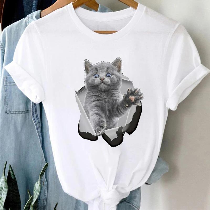 Harajuku Women's Short Sleeve T Shirt Casual White Tops Female Clothing T-shirt Cat Print Ladies Gothic Tshirts