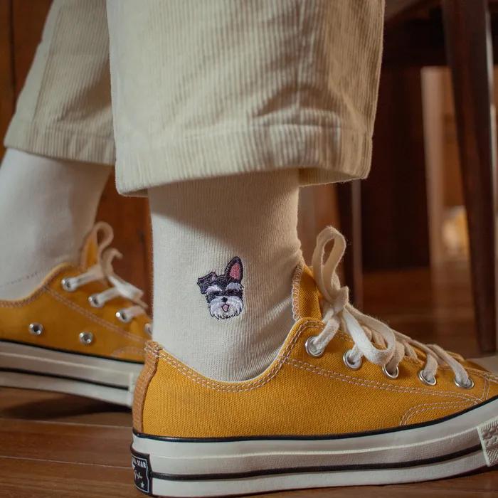 FEM Schnauzer Puppy Embroidered Socks - Ivory
