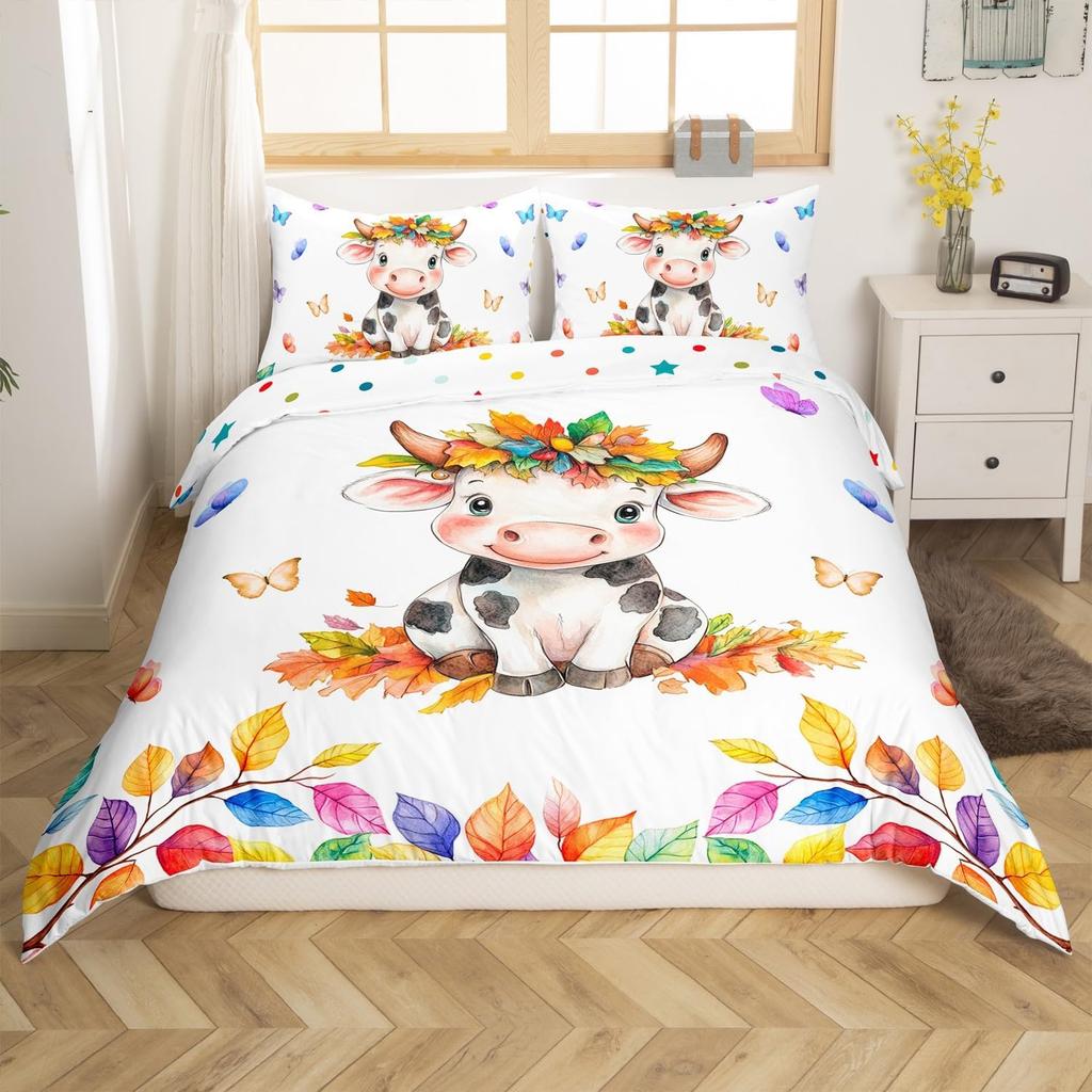 Cartoon Farmhouse Duvet  Cover Set Queen King Size Cute Cow Farm Animal Bedding Set 3 Piece Set with 2 Pillowcases No Quilt