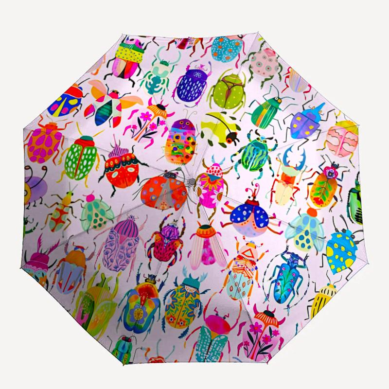 1pc Colorful Beetle Print Folding Umbrella With Excellent UV Protection, 8 Ribs Casual Durable Lightweight Portable Travelling Umbrella For