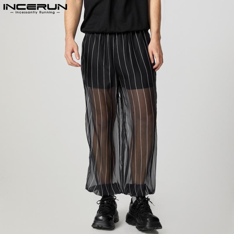 INCERUN Men Mesh Sheer Patchwork Pants Elastic Waist Striped Layers Lantern Trousers