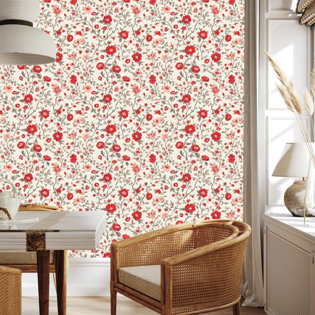 Wallpaper Flowers and Leaves Beige and White for Living Room and Bedroom 50x1000
