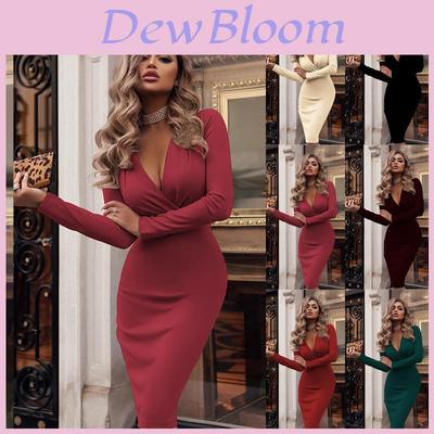 Neck Women V Long Sleeve Bodycon Sexy Dress Ladies Casual Evening Clubwear Party