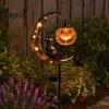 Solar Flower Bed Lights Halloween Garden Stake Light, Soft Warm Jack-o-Lantern, Moon Cat Silhouette Outdoor Pathway Decor, Waterproof Metal Lawn Patio