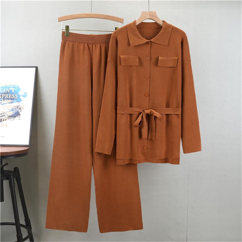 Fashion Knitted Set Women's Autumn New Style Loose Medium to Long Collar Cardigan Wide Leg Pants Two Piece Set