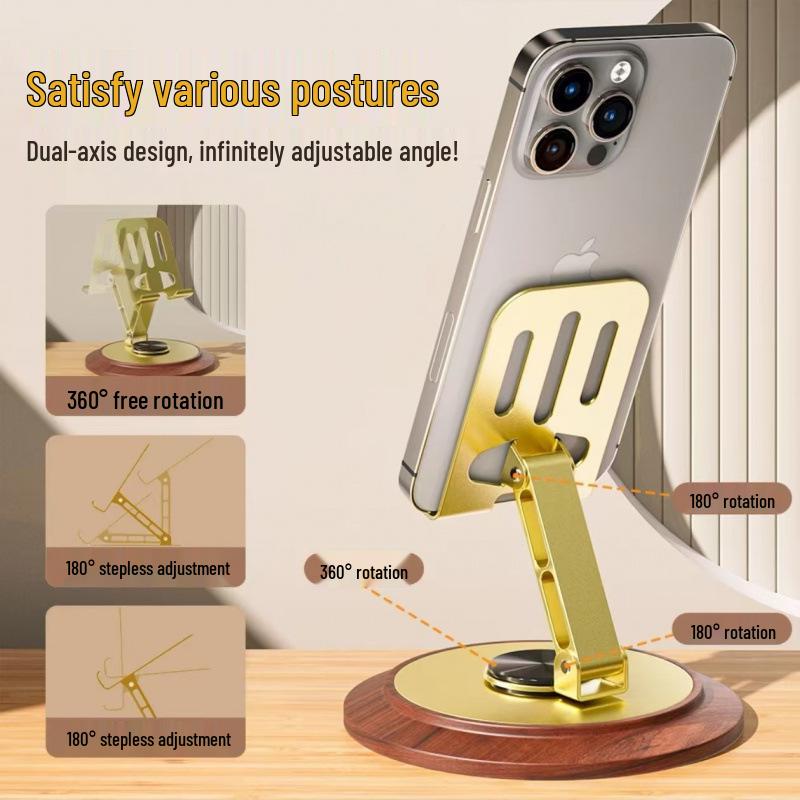 Tycoon Gold Rotating Metal Phone & Tablet Stand with Wooden Base
