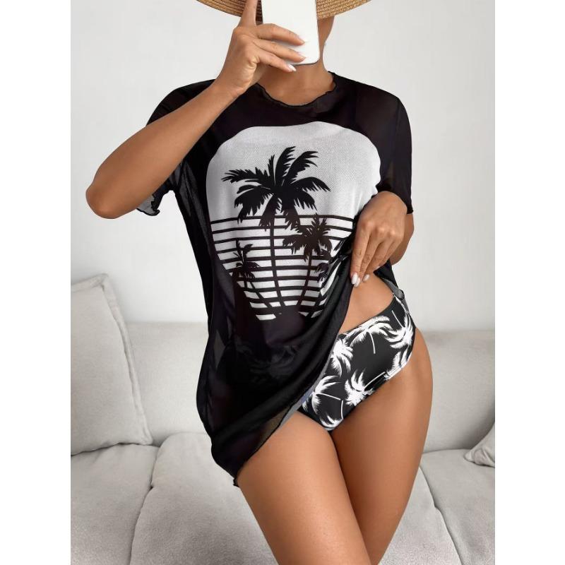 

Women s Black Palm Tree Print 3-Piece Swimsuit with Mesh Cover Up S чёрный