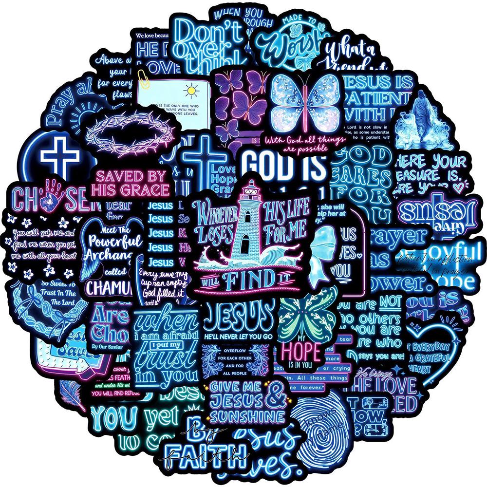 10/30/50 Stück Neon-Stil Blau Jesus Spruch Aufkleber Bibelvers Glaube Aufkleber Kreuz Wörter Aufkleber Graffiti Wasserflaschen Laptop