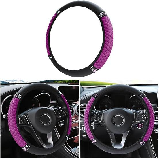 Bling Soft Leather Steering Wheel Cover, 15 Inch Colorful Rhinestones Auto Elastic Steering Wheel Protector, Sparkly Crystal Diamond For Women Girls,