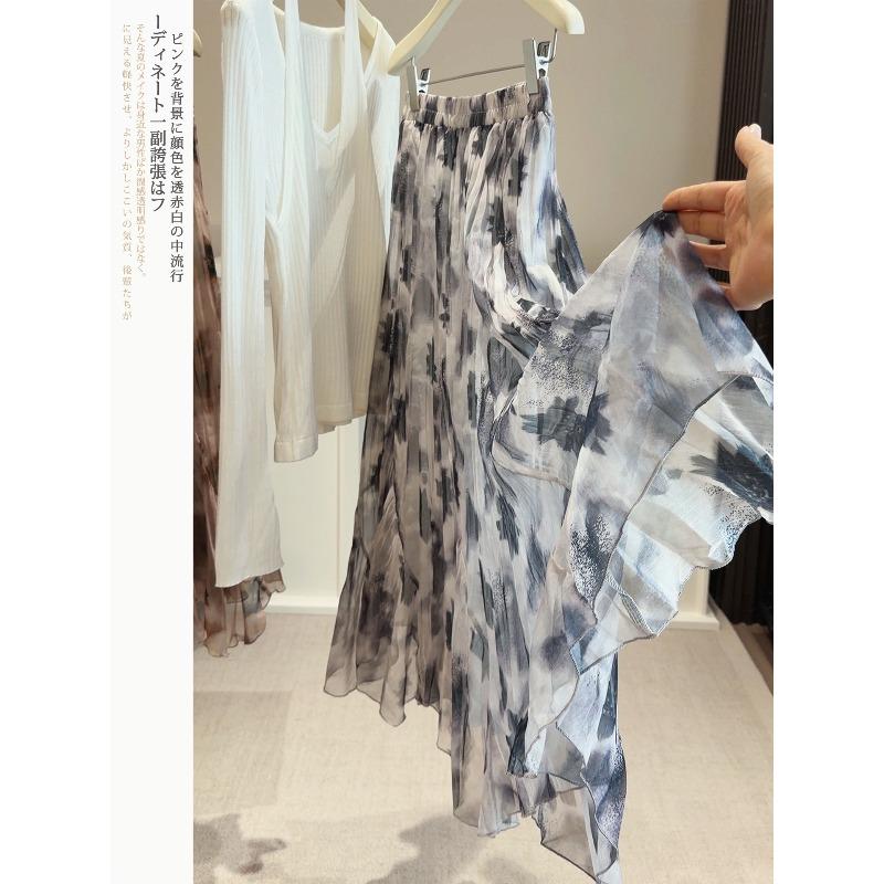 Temperament tie-dye ink printing mesh skirt women's thin summer new irregular hem long skirt