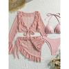 4PCS Halter With Sarong Long Sleeve Bikini Female Swimsuit Women Swimwear Four-pieces Bikini Set Bather Bathing Suit Swim V6338B