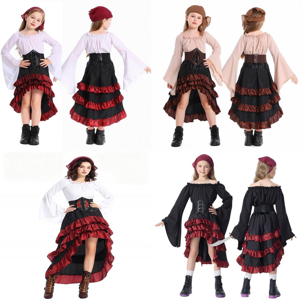 Středověký pirátský rodinný kostýmový set s volánovými dlouhými šaty pro Halloween Cosplay