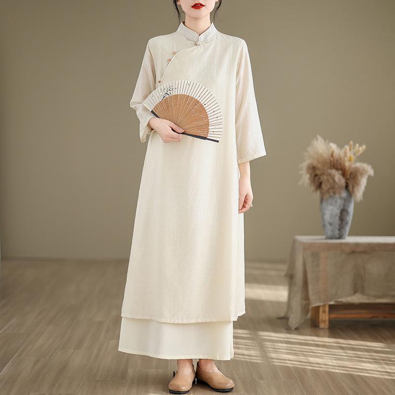 

Стійка комір рукав три чверті однотонна ципао жіночий одяг для дзен-чайного майстра фея літаюча сукня літо 2XL абрикосовий