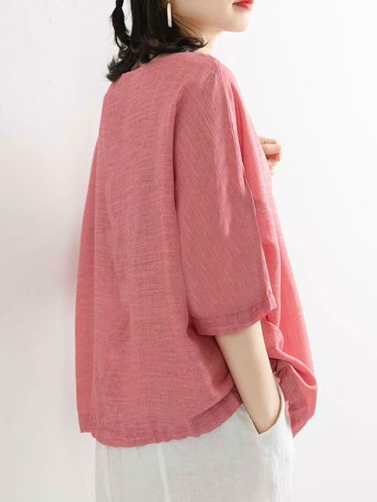 Summer oversized loose casual solid color imitation cotton and linen short sleeved T-shirt top half sleeved T-shirt