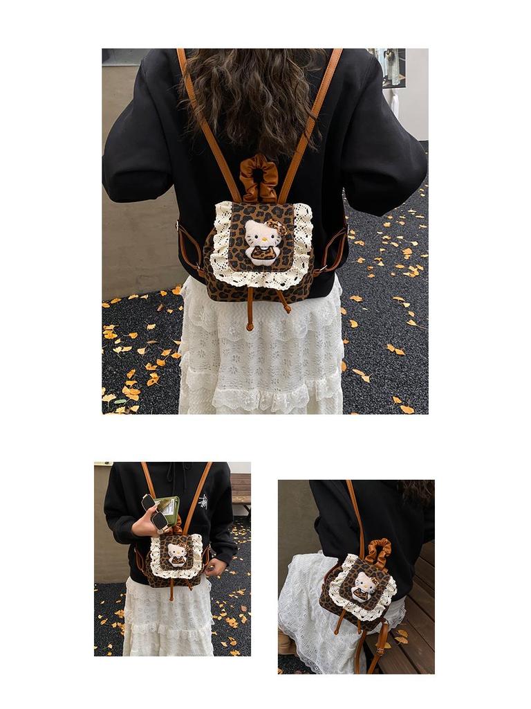 Korean Ruffle Lace Retro Leopard Print Girls' Kitten Backpack - Cute and Versatile Cartoon-Style Design