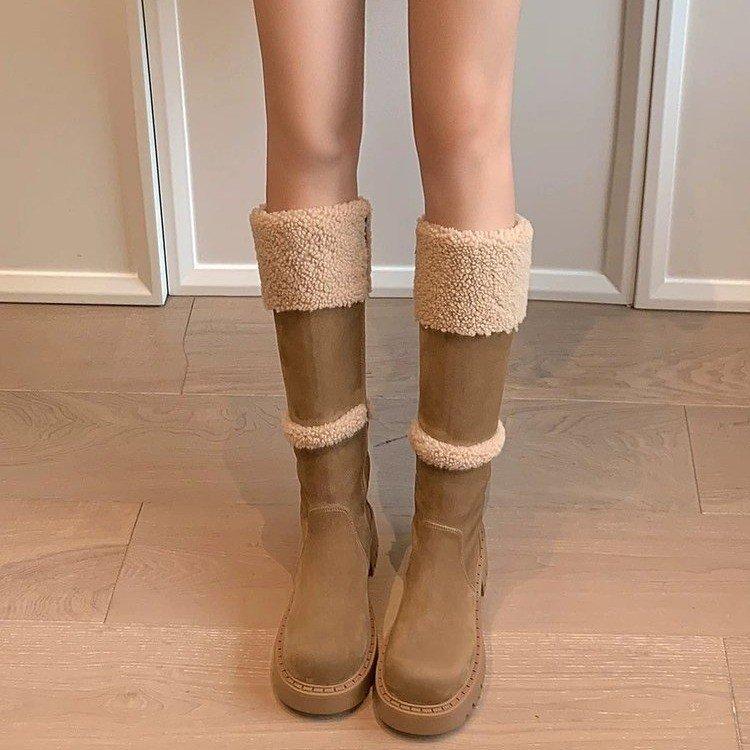 Vinterkängor i lammull för damer Vadderade Varma Tjock Sula Höga Rytarkängor Mode Bekväma Snökängor för Små Personer