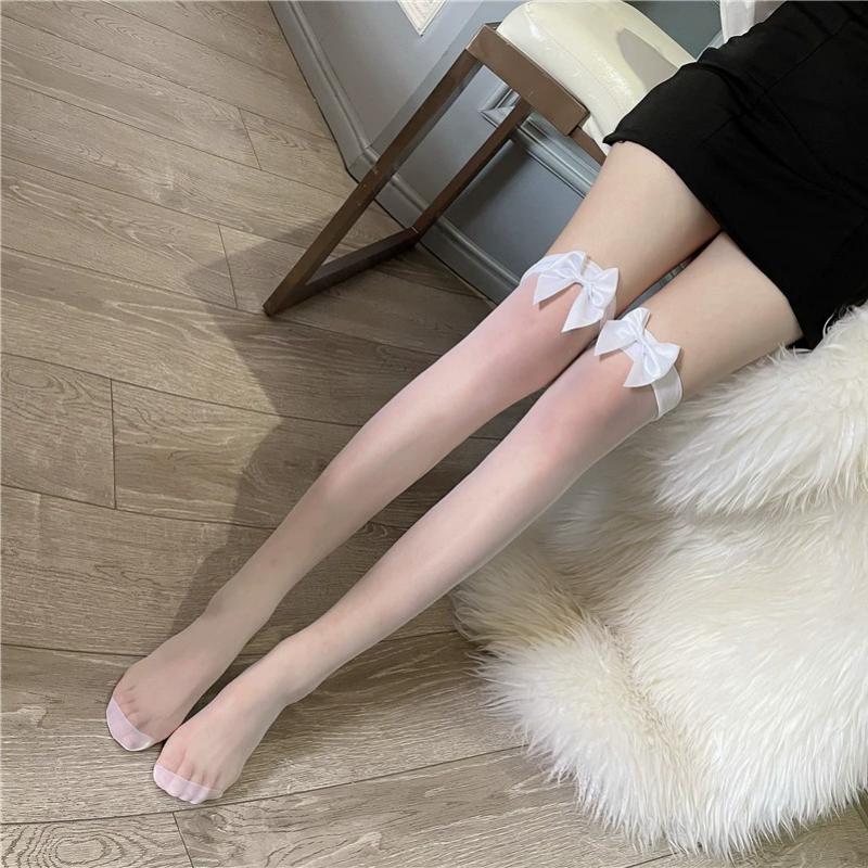 1/S Bow Tie Long Tube Stockings Black Silk White Silk Knee High Stockings Pure Desire Jk Socks Sexy Thin High Tube Socks
